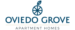 Elegant Oviedo Grove logo featuring a stylized orange design symbolizing vibrant, luxury apartment homes.
