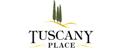 Elegant Tuscan-inspired logo featuring three cypress trees above a golden landscape, symbolizing luxury and tranquility.