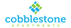 Modern Cobblestone Apartments logo with vibrant blue and green geometric design.