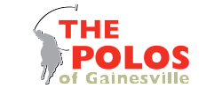 Dynamic logo for The Polos of Gainesville featuring a silhouette of a polo player with bold red and grey text.