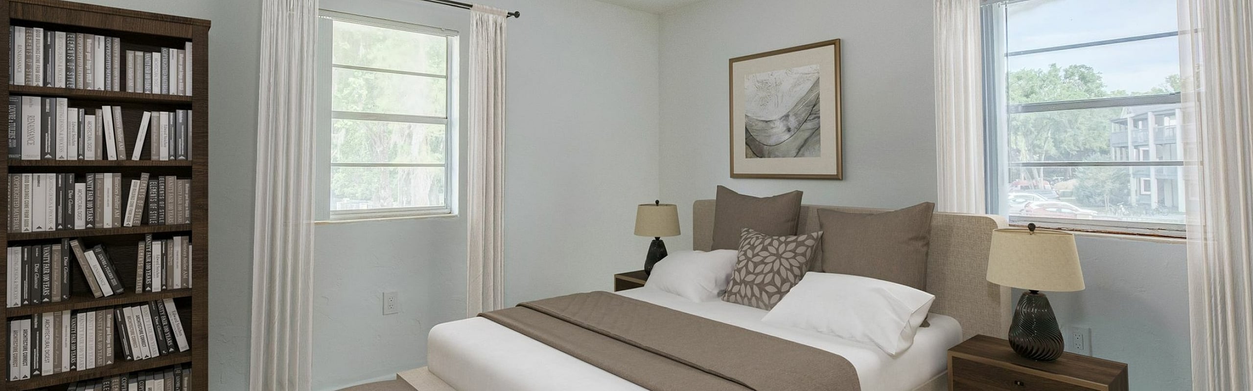Elegant bedroom with cozy double bed, stylish bookshelf, and natural light streaming through dual windows.