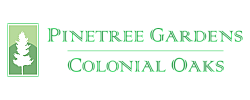 Elegant Pinetree Gardens Colonial Oaks logo with green tree silhouette on a soothing green background, offering a serene and inviting atmosphere.