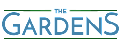 Elegant logo for 'The Gardens' featuring modern blue and green typography.