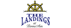 Elegant logo featuring a golden ship wheel with bold, blue text reading 'The Landings at Bivens Arm', exuding a nautical charm.