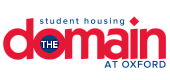 Vibrant logo for The Domain at Oxford, showcasing modern student housing with bold red text and blue accents.