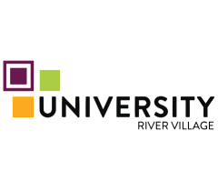 Modern logo of University River Village featuring vibrant colored squares and bold typography, reflecting a dynamic community.