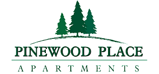 Elegant logo for Pinewood Place Apartments featuring three stylized pine trees and sophisticated typography.