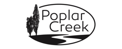 Elegant logo design of Poplar Creek with stylized trees and flowing creek, conveying nature and tranquility.
