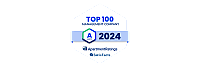 Badge showcasing Top 100 Management Company recognition for 2024 by ApartmentRatings and SatisFacts.