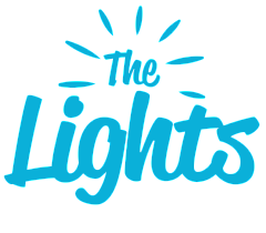 Vibrant logo design featuring 'The Lights' in stylish blue lettering with radiant accents.