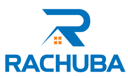 Rachuba Rental Homes Logo - Blue Artistic "R" with Orange Window & Name "Rachuba' Printed Under