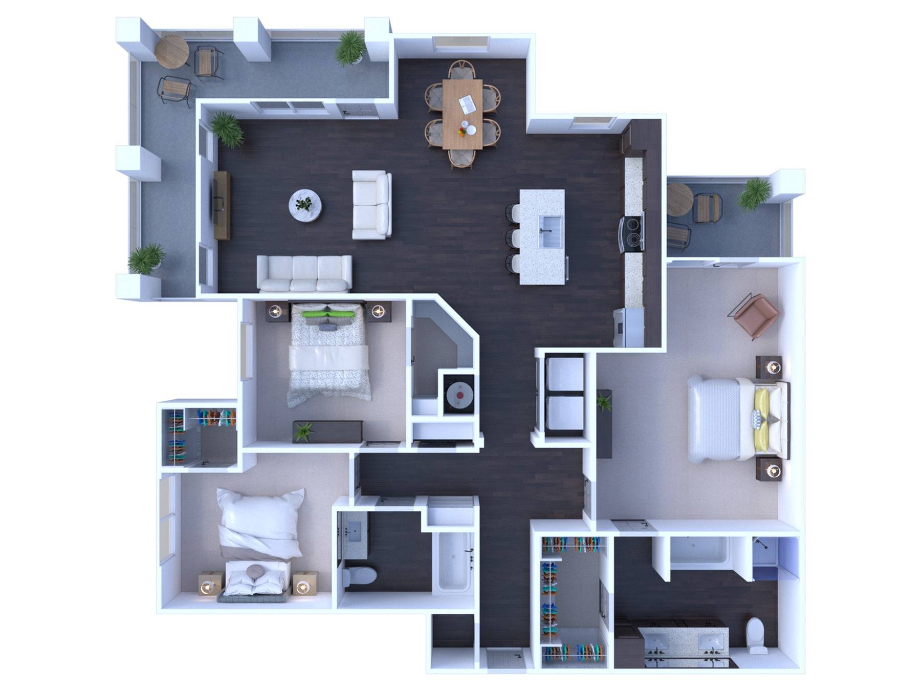 Three Bedrooms Two Bathrooms Apartment with attached garage.