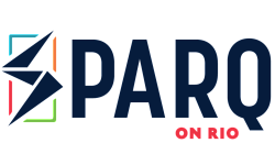 Modern logo featuring 'Sparq on Rio' with dynamic geometric designs and vibrant colors.