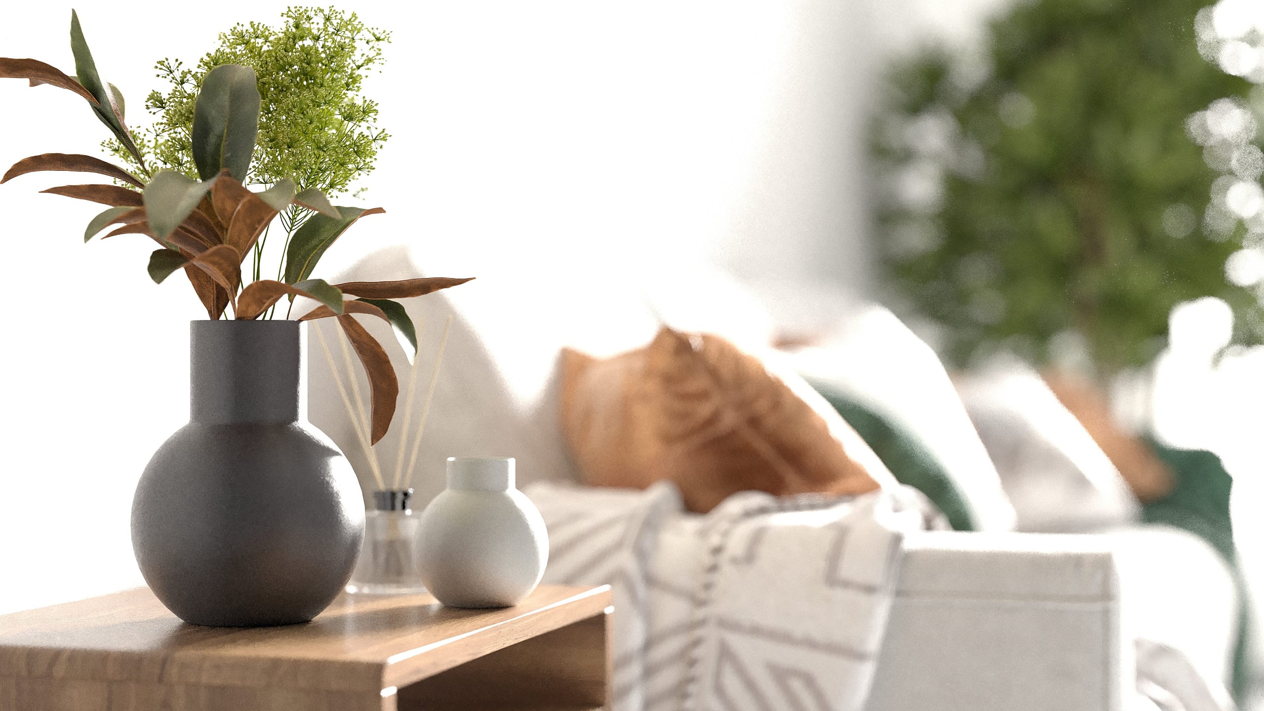 Chic living room with elegant vases and lush greenery, creating a tranquil and inviting atmosphere.