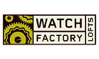 Distinctive logo for Watch Factory Lofts featuring intricate gear designs in a modern layout.