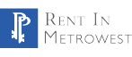 Elegant Rent In Metrowest logo featuring a blue square with a stylish white monogram and modern typography.