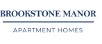 Elegant Brookstone Manor logo in sleek blue font showcasing premium apartment homes.