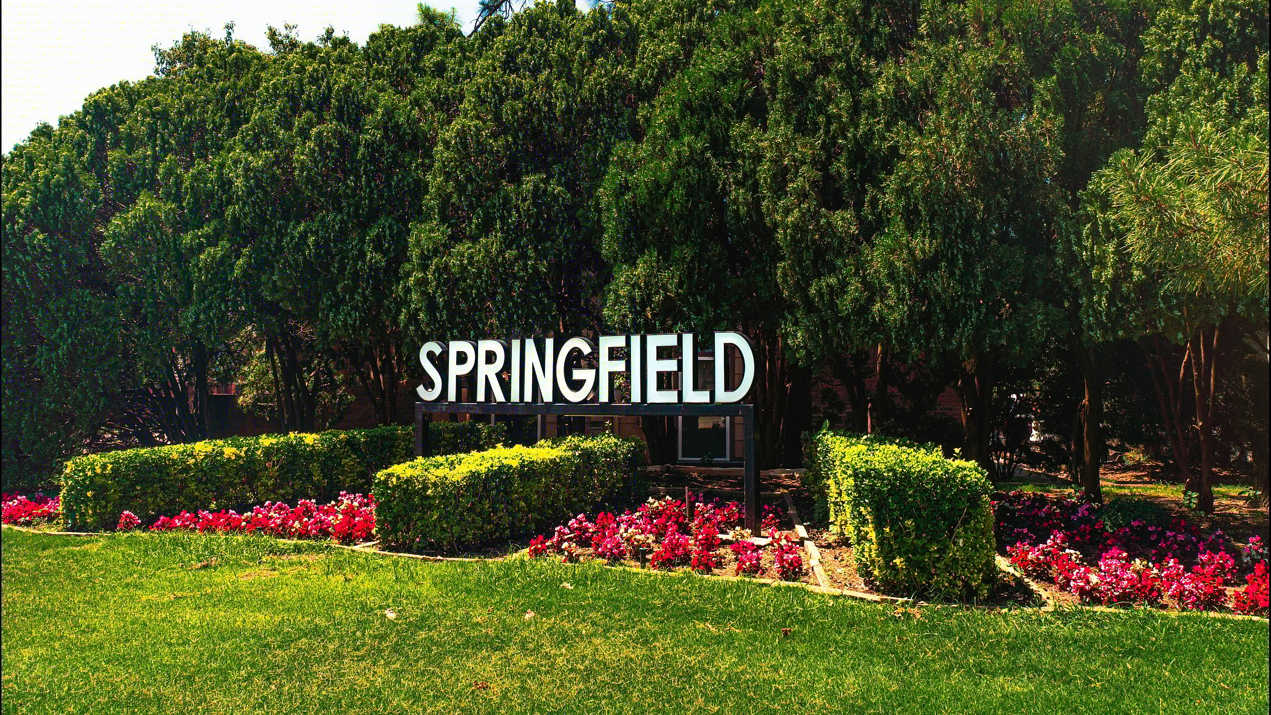 Lush green area with Springfield sign surrounded by vibrant flowers and trees.