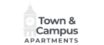 Elegant logo of Town & Campus Apartments featuring a clock tower symbol and sleek typography.