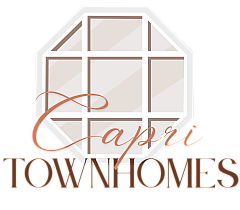 Elegant Capri Townhomes logo featuring sophisticated window design in warm brown tones.