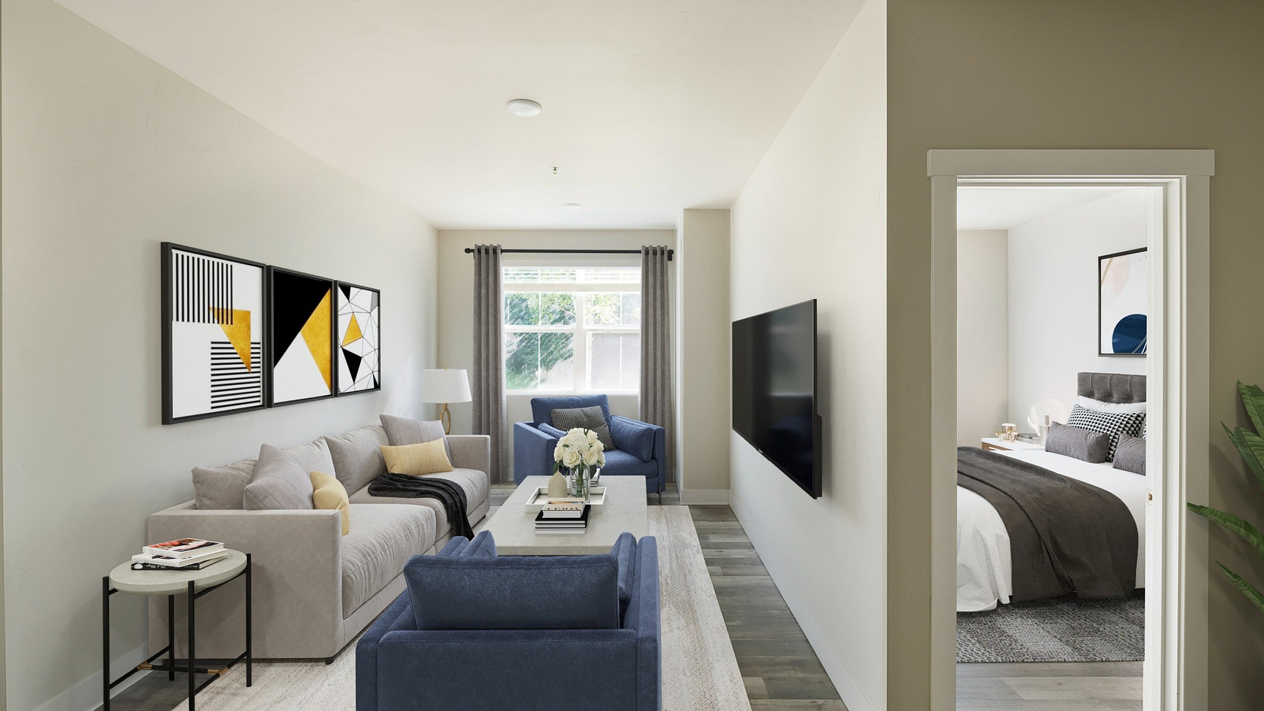 Contemporary apartment with elegant living room, stylish decor, and cozy bedroom, offering a spacious and inviting atmosphere.