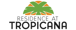 Stylized logo featuring a green palm design with an orange arc and the text 'Residence at Tropicana'.