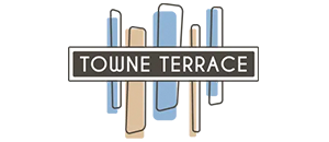 Towne Terrace logo with a modern design featuring abstract building elements.