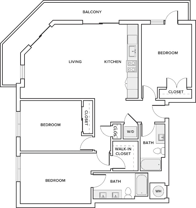 1369 square foot three bedroom two bath apartment floorplan image