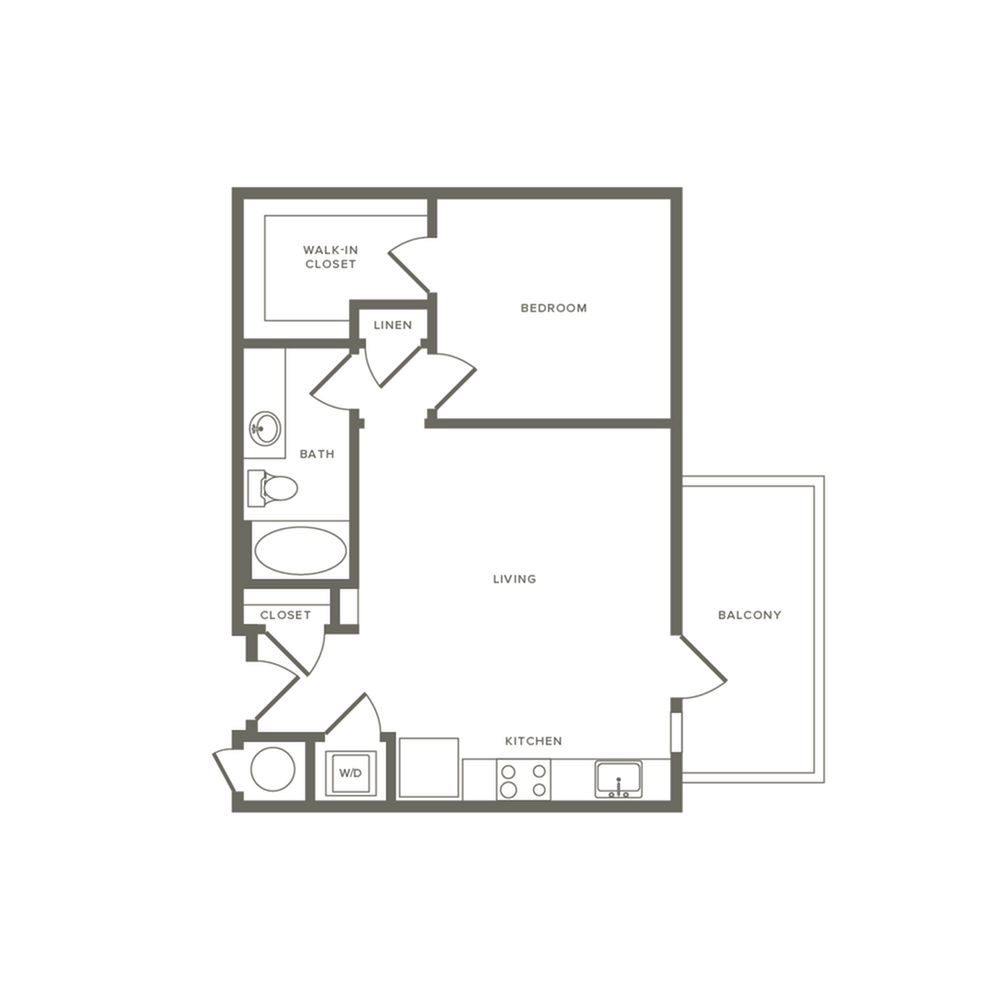670 square foot one bedroom one bath apartment floorplan image