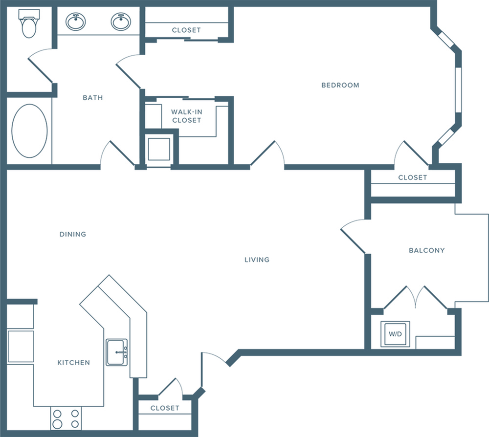 784 square foot one bedroom one bath apartment floorplan image