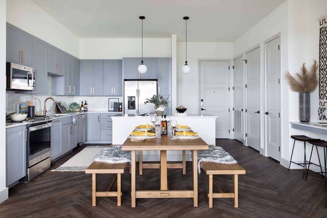 Dining area and kitchen view showing flooring