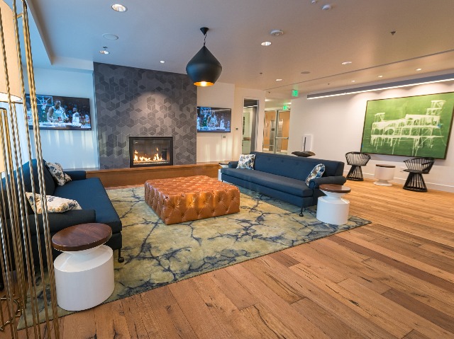 Fireside social seating in resident lounge