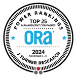 Award-winning recognition badge for top management companies by ORA in 2024, featuring J Turner Research.