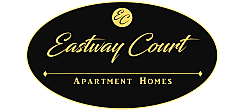 Elegant Eastway Court logo featuring stylish gold lettering on a sleek black background, representing upscale apartment homes.