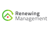 Renewing Management logo featuring a green stylized home with a red heart, symbolizing care and sustainability in property management.