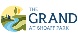 Logo for The Grand at Shoaff Park featuring a scenic landscape with a blue bridge over a flowing river and rolling green hills.