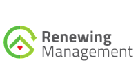 Modern and vibrant logo for Renewing Management featuring a green circular design with a heart, symbolizing growth and care.