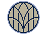 Elegant circular emblem featuring stylish gold and blue lines in a harmonious design.