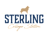 Elegant Sterling College Station logo with a sophisticated dog silhouette, highlighting premium student living.