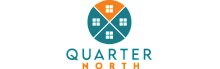Quarter North logo with a modern design featuring four houses within a circle, in teal and orange colors.