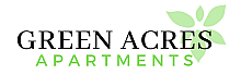 Logo for Green Acres Apartments featuring green leaves and bold text.