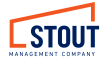 Modern logo for Stout Management Company featuring bold text and geometric design.