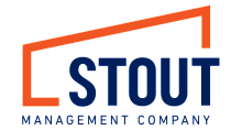 Vibrant Stout Management Company logo with bold navy text and an orange geometric line.
