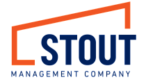 Logo of Stout Management Company featuring bold navy text and an orange geometric design.