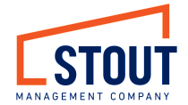 Modern logo of Stout Management Company with a bold orange and blue design illustrating dynamic real estate solutions.
