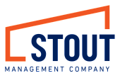 Modern logo featuring the name STOUT in bold blue letters with an orange geometric design, representing a vibrant management company.