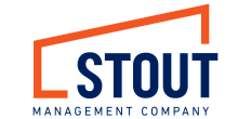 Modern logo of Stout Management Company featuring bold navy text with a dynamic orange frame design.