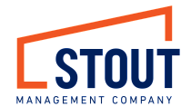 Modern Stout Management Company logo with bold orange and blue lines and text, symbolizing innovation and trust.