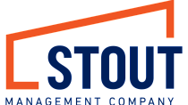 Logo featuring bold, modern design with an orange accent above the word 'STOUT' in dark blue, accompanied by 'Management Company' below.