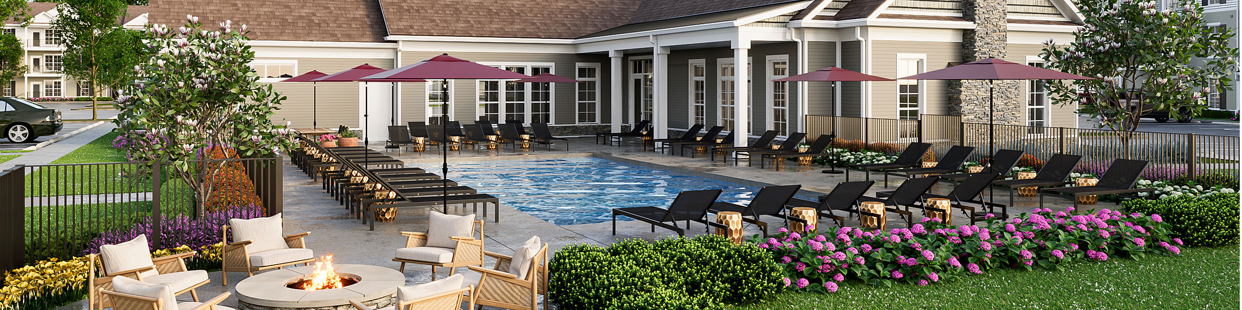 Charming outdoor area featuring a luxurious pool, cozy fire pit seating, stylish loungers, and vibrant landscaping for ultimate relaxation.